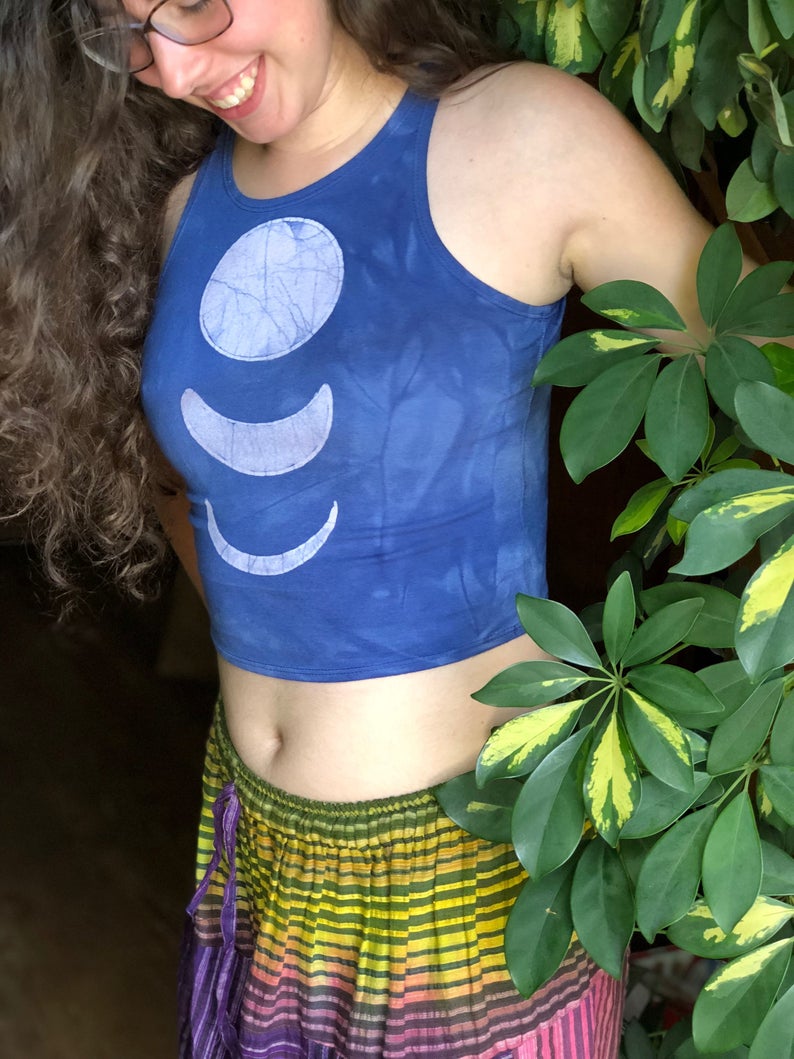 Sacred Symmetry Crescent Moon Batik Halter Crop Top
