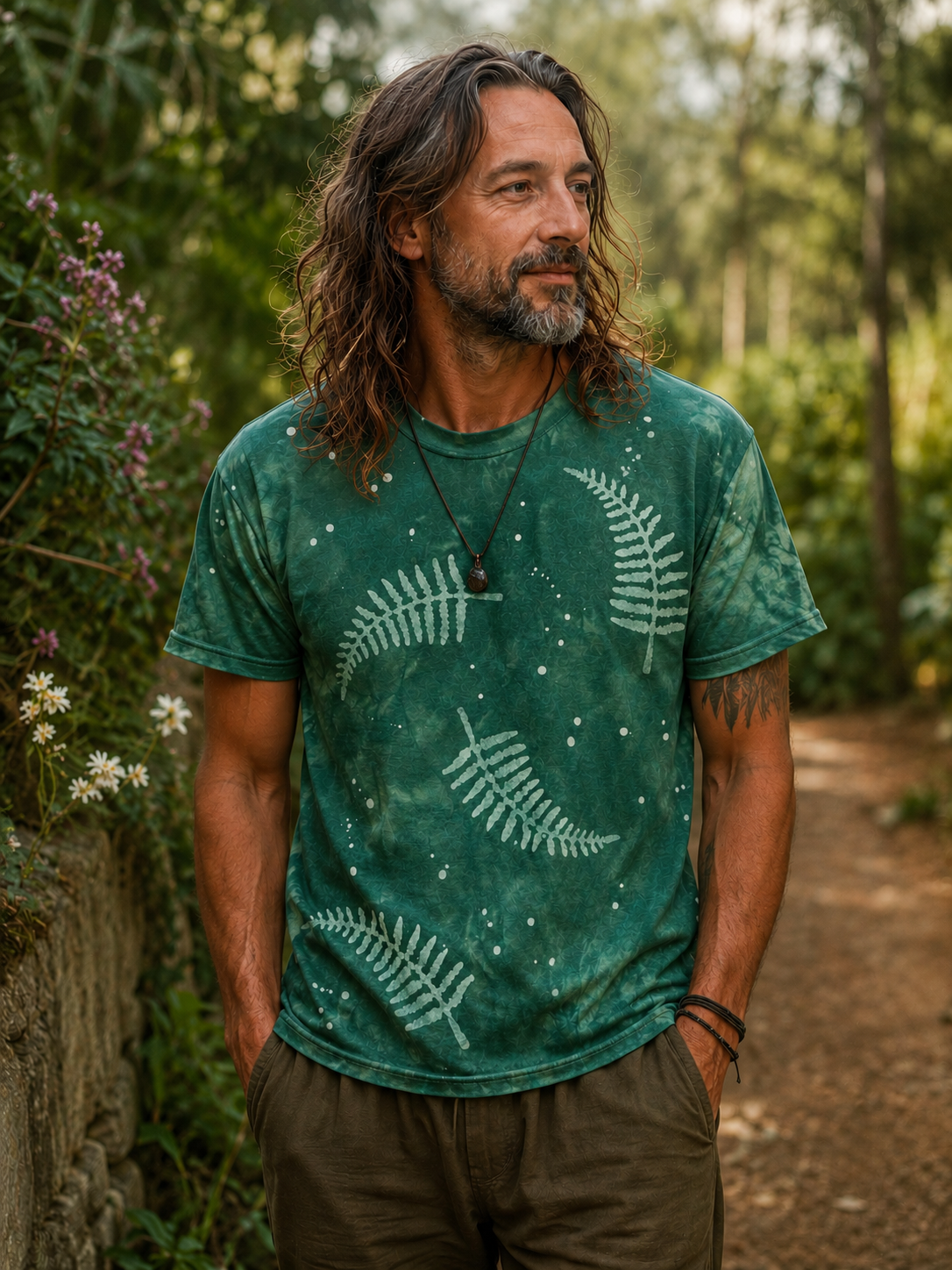 A man with long dark hair and a beard stands outdoors on a wooded path wearing a green short-sleeve t-shirt with a white fern leaf and star pattern, paired with brown pants.