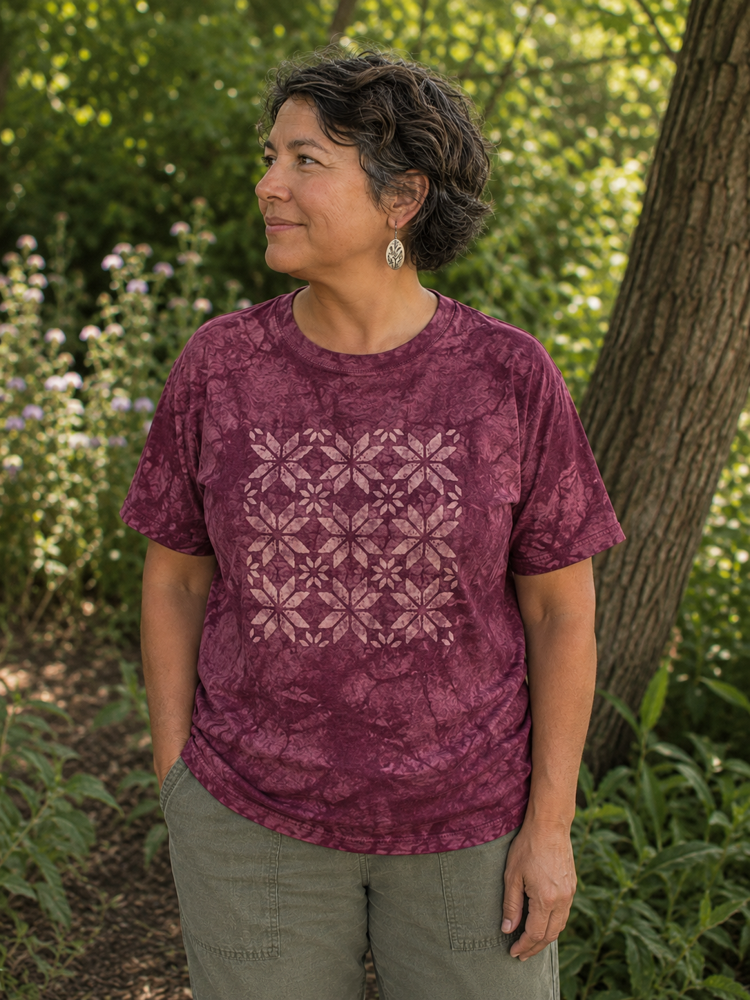 Lemoyne Star Quilt Block Batik Woodblock Unisex T-Shirt