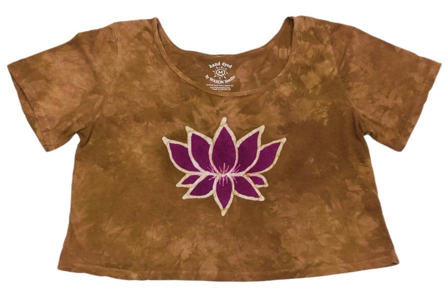 Hand-Painted Batik Lotus Scoop Neck Crop Tee