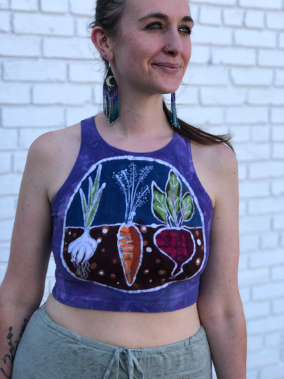 Hand-Painted Veggie Garden Batik Halter Crop Top