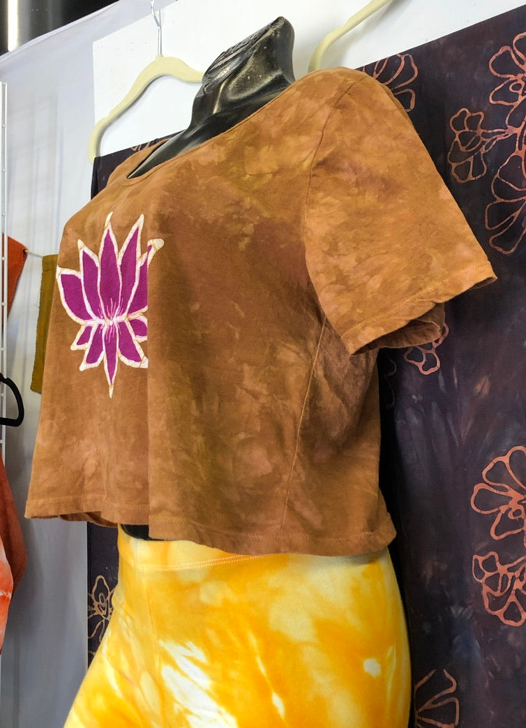 Hand-Painted Batik Lotus Scoop Neck Crop Tee