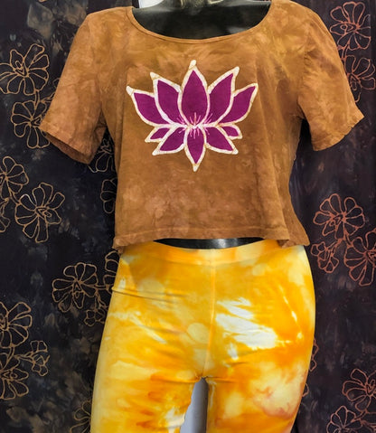 Hand-Painted Batik Lotus Scoop Neck Crop Tee